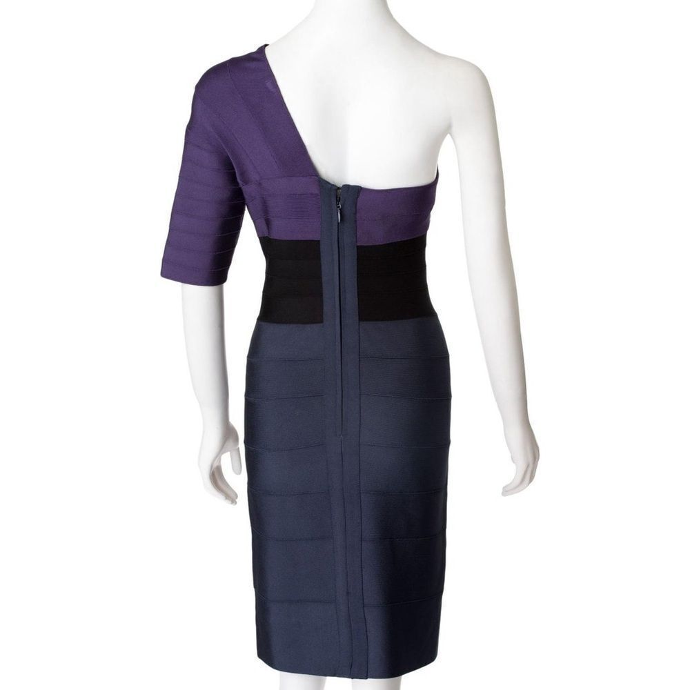 Herve Leger One-shoulder Tri-Colour Block Bandage Dress Size L - Picture 3 of 11